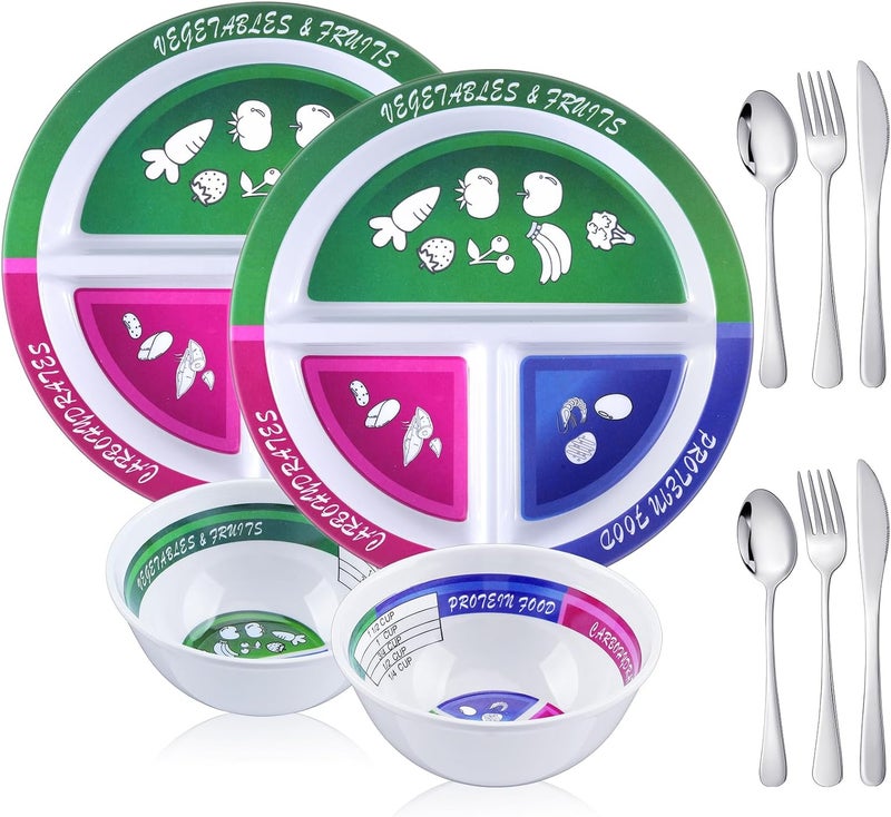 Singhoow 4 Pcs Portion Control Plate Bowls Set with 6 Pcs Stainless Steel Silverware 8.5 Inch Bariatric for Portion Control Divided Diet Bowl for Weight Loss Balanced Eating Adult - Image 1